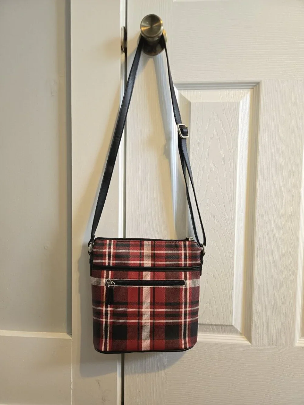 Giani Bernini Triple Zip Crossbody Shoulder Bag Red Plaid Silver